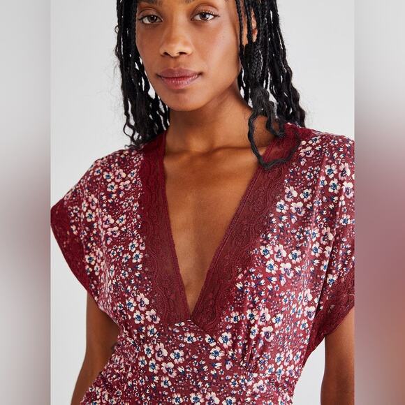 Free People Sweet Talker Lace Mini Dress Size XS Burgundy Floral 90s Grunge Boho - Picture 7 of 16
